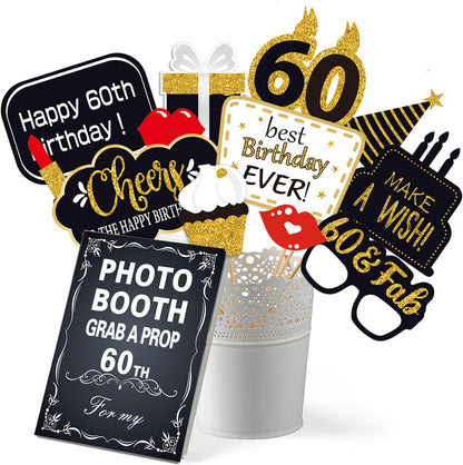 32pcs 60th Birthday Photo Booth Props for Men Women, 60 Birthday Selfie Props Kit, Classic Black Gold Happy 60th Birthday Party Supplies, Cheers to 60 Years Old Bday Decor