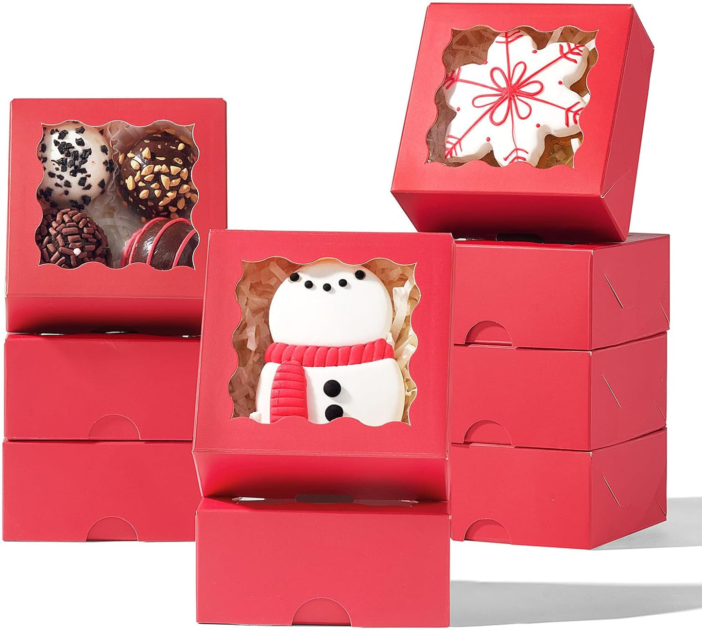 RomanticBaking 3 ¼" x 3 ¼" x 1 ½" 50PCS Chocolate Truffle Boxes for 4，Cookies Boxes Mini Bakery Boxes with Window for Brownie,Soap,Donut