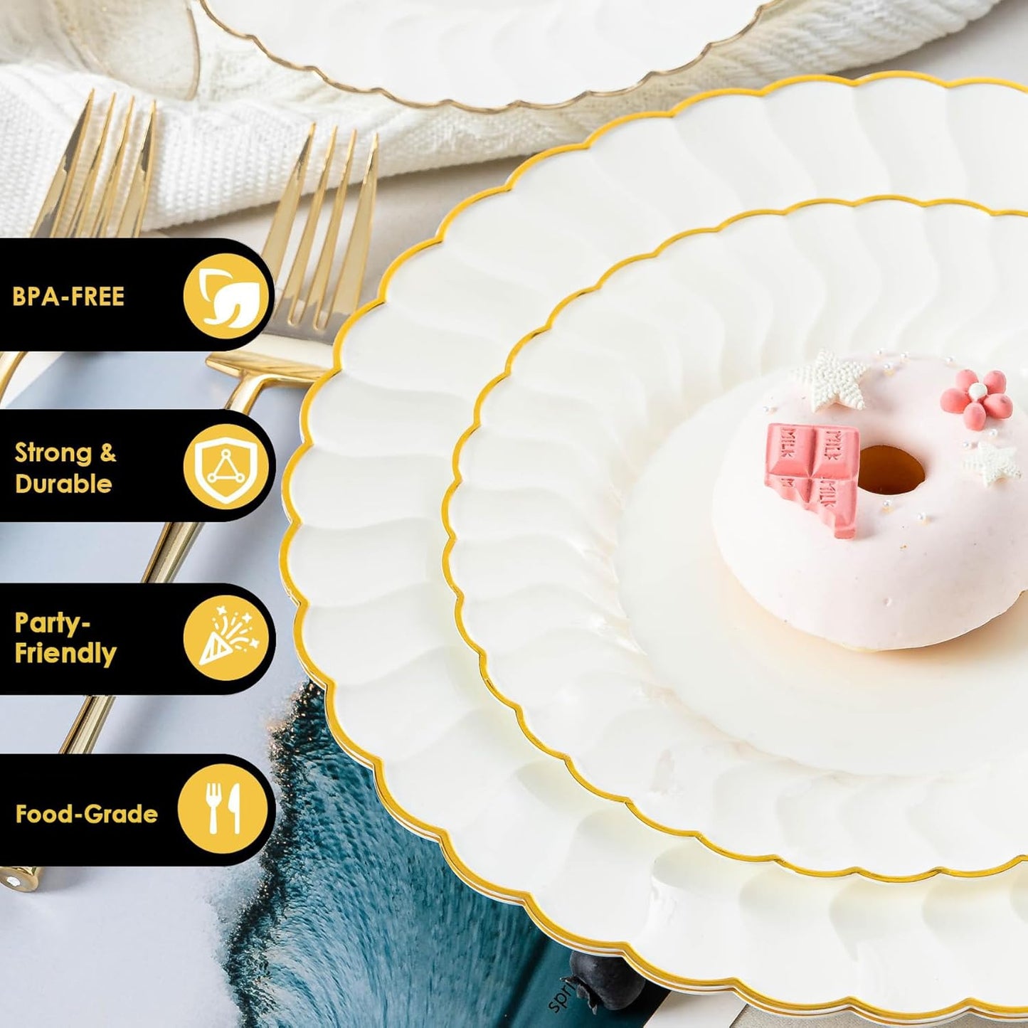 Lullaby 60PCS Ivory Scalloped Plastic Plates with Gold Rim, Disposable Elegant Plates Include 30pcs Dinner Plate 10.25", 30pcs Plastic Dessert Plate 7.5", Perfect for Wedding and Party
