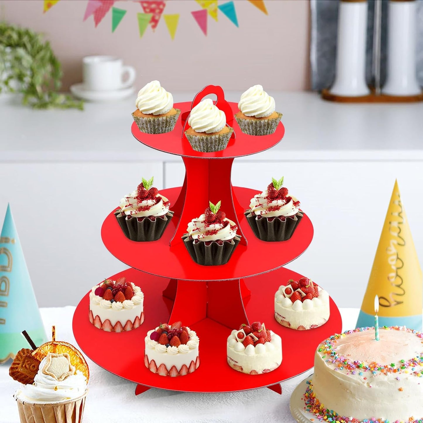 Soleebee 3-Tier Round Cupcake Stand, Cardboard Cupcake Tower, Dessert Cup Cake Stand Tower for Birthday Wedding Party Decoration, Cupcake Tier Stand 1 Set (Hot Pink)
