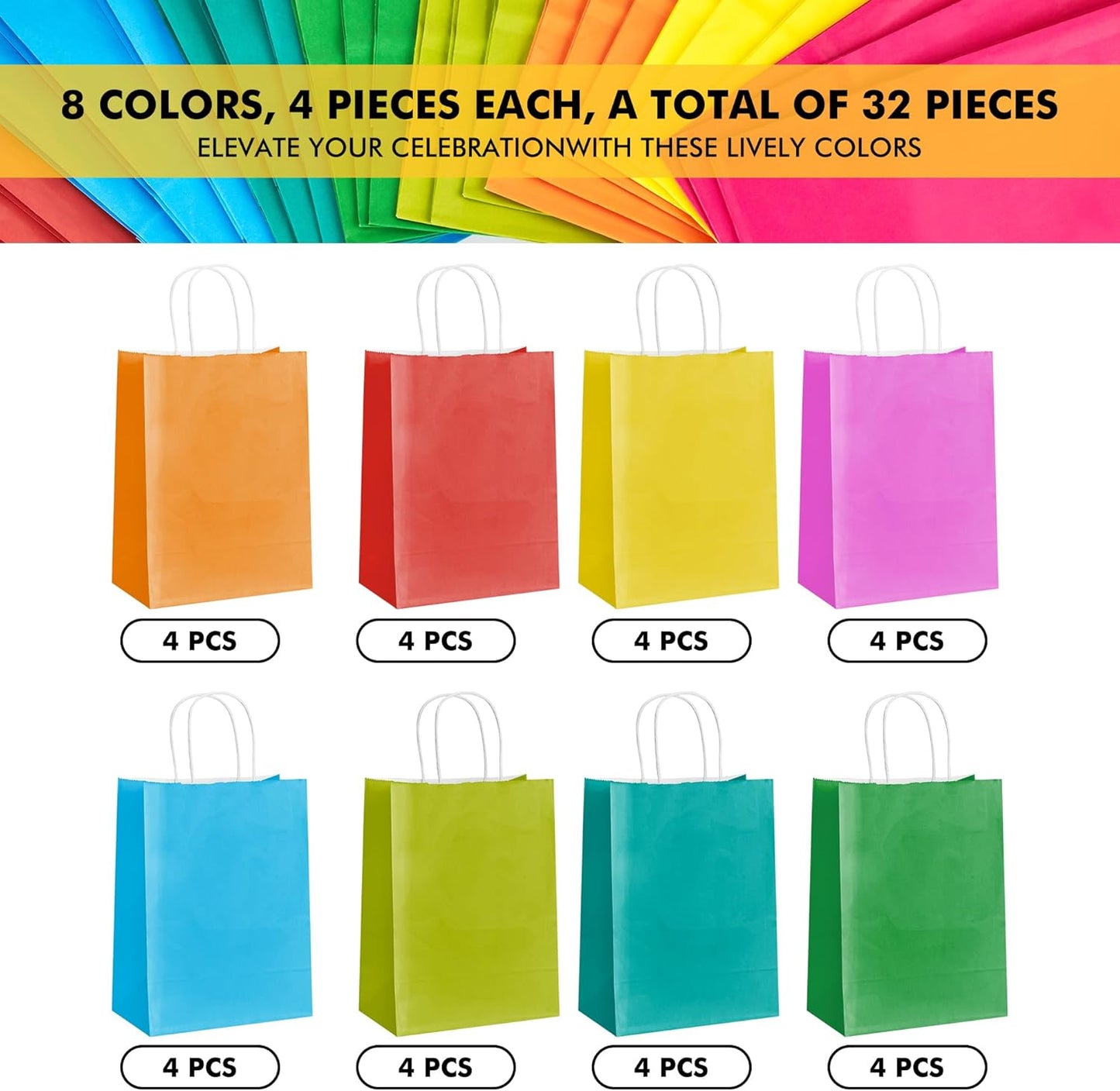 RACETOP 32 Pack Small Paper Gift Bags with Handles, 5.8"×3.2"×8.25" Kraft Paper Party Favor Bags Bulk for Kids Birthday, Baby Shower, Crafts, Wedding, Party Supplies (8 Colors)