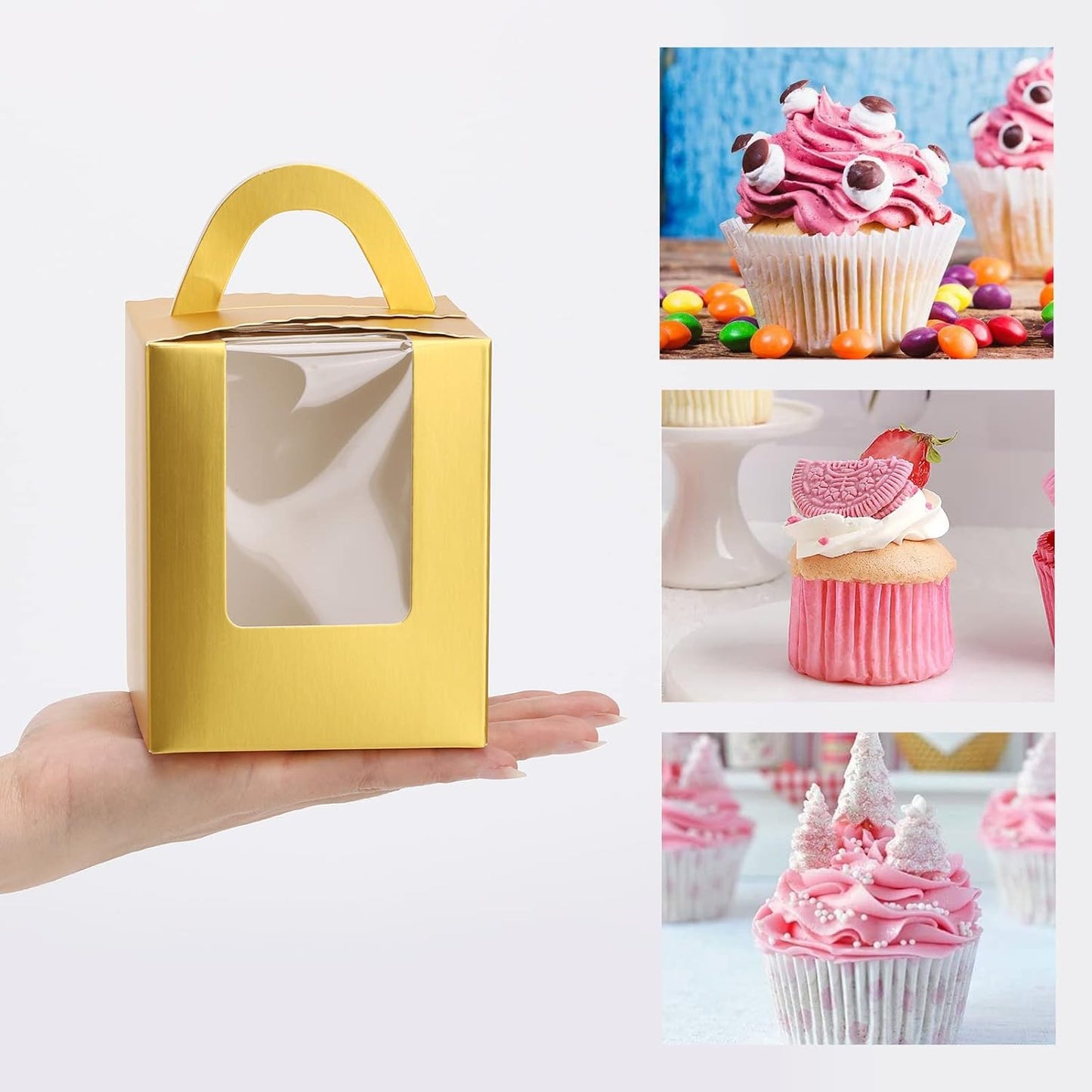 acDesign 100Pcs Cupcake Boxes With Window 3.6in*3.6in*4.3in Single Individual Cupcake Boxes With Handle and Inserts for Wedding Birthday Party Treats Gift,Black