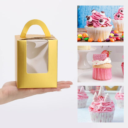 acDesign 100Pcs Cupcake Boxes With Window 3.6in*3.6in*4.3in Single Individual Cupcake Boxes With Handle and Inserts for Wedding Birthday Party Treats Gift,Black