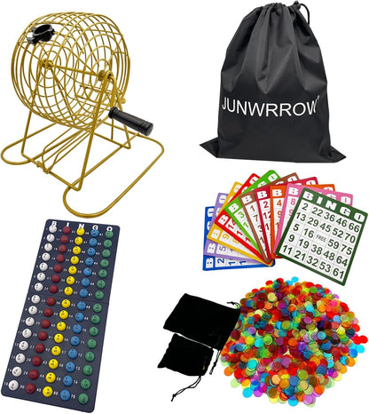 JUNWRROW Deluxe Bingo Game Set with Storage Bag- Includes 6-Inch Antique Gold Rotary Cage,75 Calling Balls,100 Mixed Cards,1000 Colorful Chips, Master Board&Carry Bag for Family Party,Large Groups