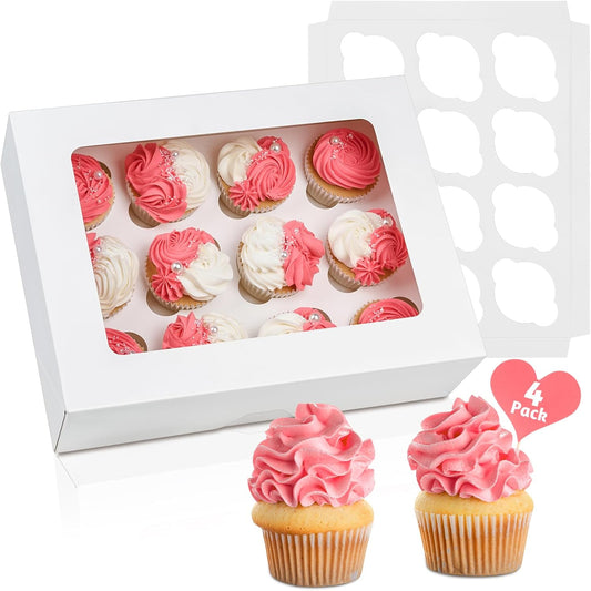 ZORRITA 12 Count Cupcake Boxes, 4 Pack Auto-Popup White Cupcake Containers with Window and Inserts Cupcake Carrier with Holders to Fit Dozen Cupcakes and Muffins