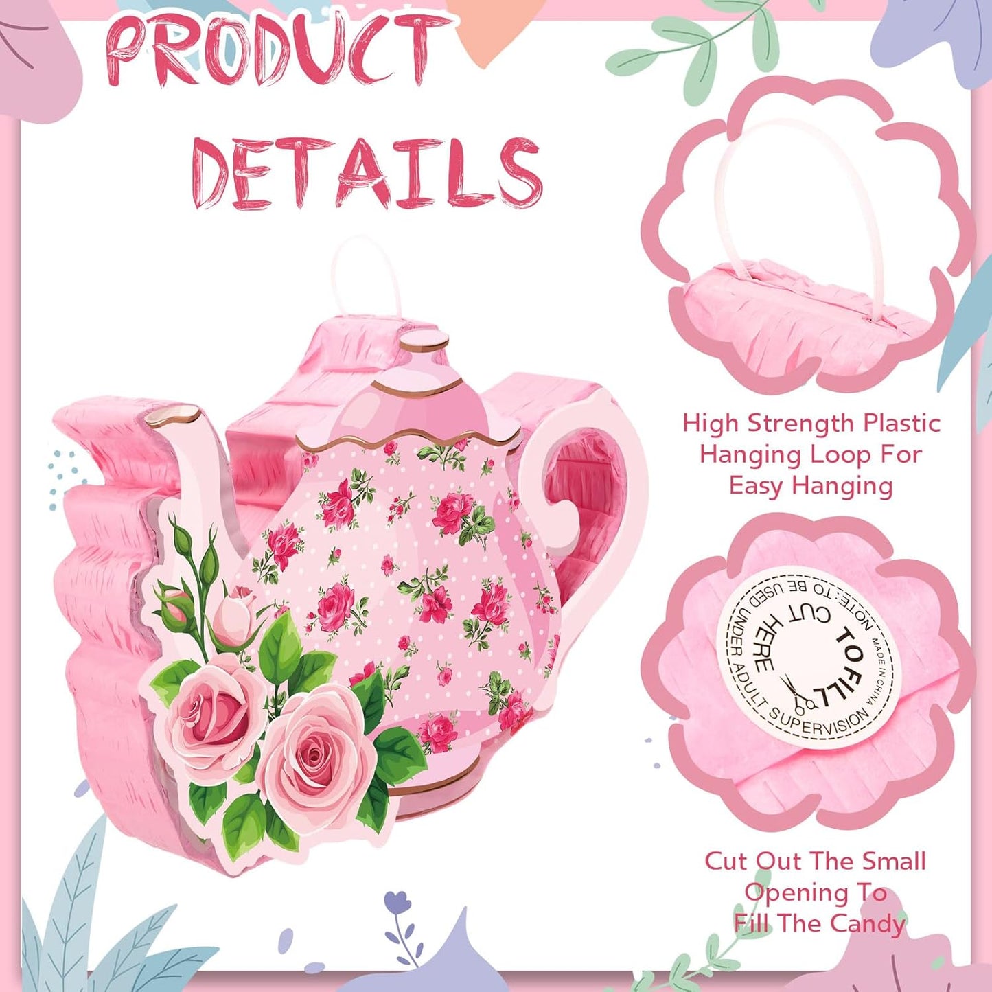 Aoriher 4 Pieces Tea Party Piñatas Tea Flower Themed Decorations Teapot Small Piñata Bundle with Blindfold and Stick Teacup Party Supplies Favors for Birthday(Pink,Teapot)