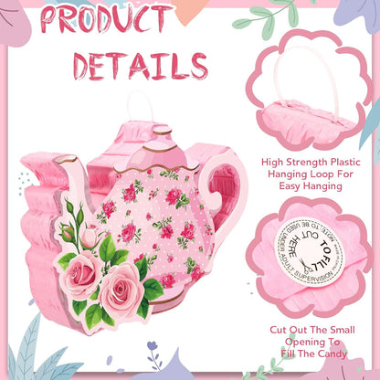 Aoriher 4 Pieces Tea Party Piñatas Tea Flower Themed Decorations Teapot Small Piñata Bundle with Blindfold and Stick Teacup Party Supplies Favors for Birthday(Pink,Teapot)