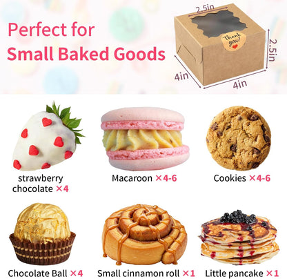 WINKIO 24pcs White Cookie Boxes, 4x4x2.5 Inches Bakery Boxes with Window, for Mini Cake Treat Dessert Pastry Donuts Macaroon Strawberries Chocolate Candy (with Stickers)