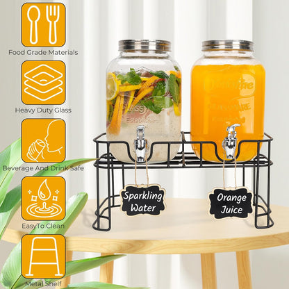 Glass Drink Dispensers For Parties, 2 PACK 1 Gallon Beverage Dispenser With Wooden Lids, Metal Stand And Spigot 100% Leak proof. Lemonade Dispenser With Chalk board