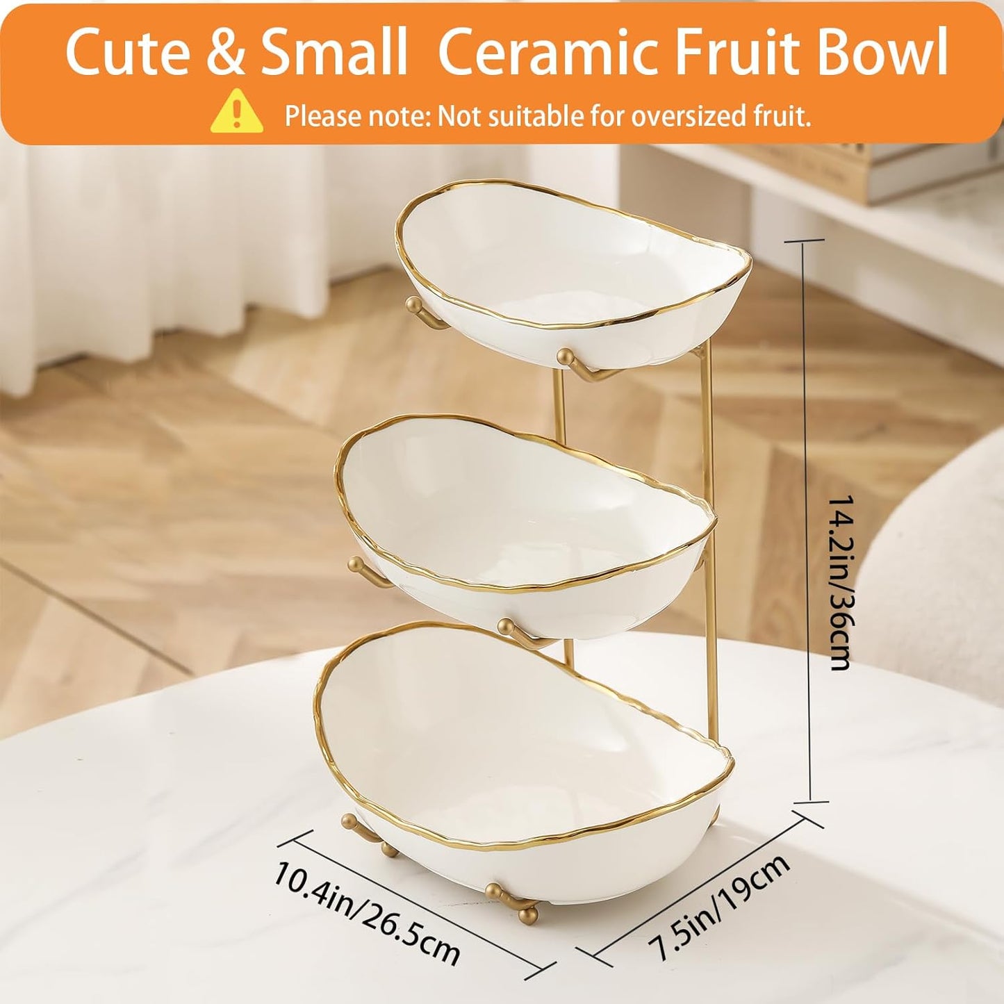 Ceramic Fruit Bowl for Kitchen Counter - 3 Tier Fruit Basket with Metal Stand, Tiered Fruit Stand for Countertop, Snack, Nuts, Cake, Dessert, Cute (Gold, Small) 1