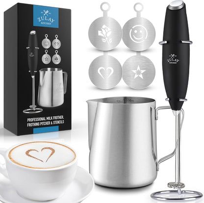 Zulay Kitchen Powerful Milk Frother AA Batteries Included – Ultra Fast Handheld Drink Mixer with Stainless Steel Whisk Stirrer for Coffee, Protein, Matcha & More, Frother Wand Electric Frothmate Black - Colors E