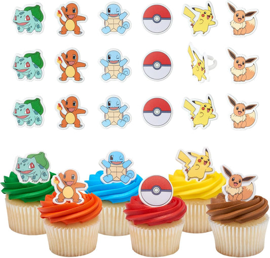 DecoPac Pokémon Rings, Cupcake Decorations With Pikachu, Bulbasaur, Eevee, Charmander, Squirtle, and Poké Ball, Multicolored Food Safe Cake Toppers – 24 Pack