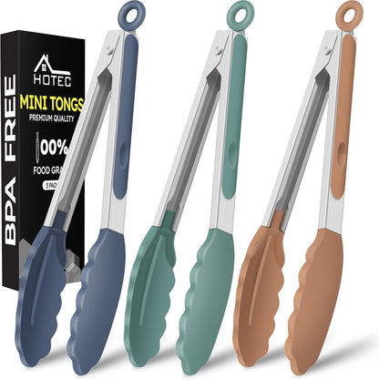 Hotec Mini Silicone Kitchen Tongs for Cooking - 7-Inch Small Serving Tongs with Silicone Tips, Set of 3 (Blue)
