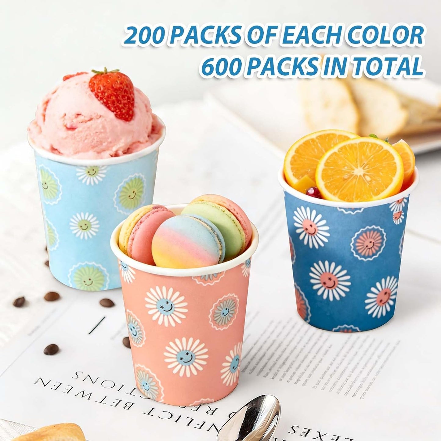 SIUQ 300 Pack Paper Cups 8 oz, Disposable Coffee Cups, Paper Coffee Cups 8 oz, Colourful Hot/Cold Beverage Drinking Cup for Water Juice or Tea, Office Party Home Travel - Daisy