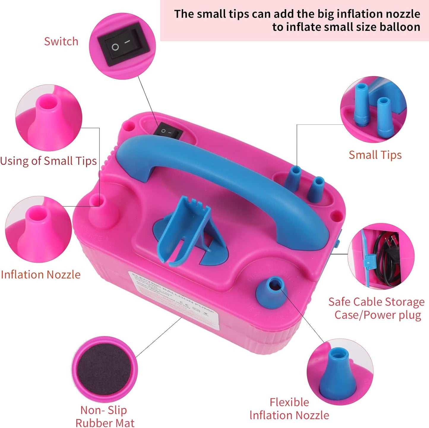 QIPUMP Balloon Pump Electric,110V 600W Balloon Blower Inflator Dual Nozzle Air Pump Balloons Inflator for Decoration, Party, Sport,Gifts:2 Balloon Tying Tools