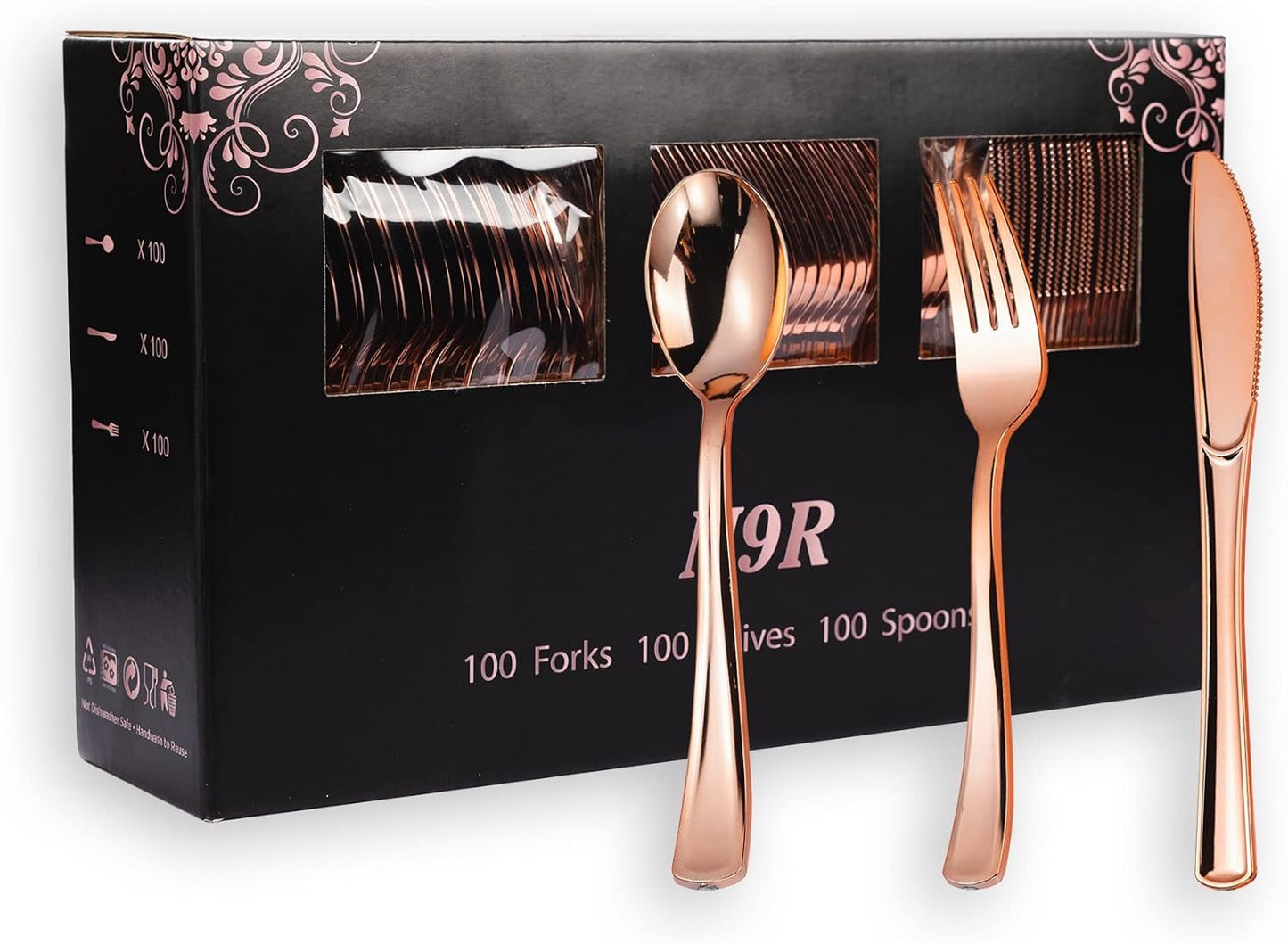N9R 300PCS Gold Plastic Silverware, Heavy Duty Gold Plastic Cutlery Set Disposable Flatware Dinnerware, 100 Forks, 100 Spoons, 100 Knives, Perfect for Party, Wedding and Daily Use