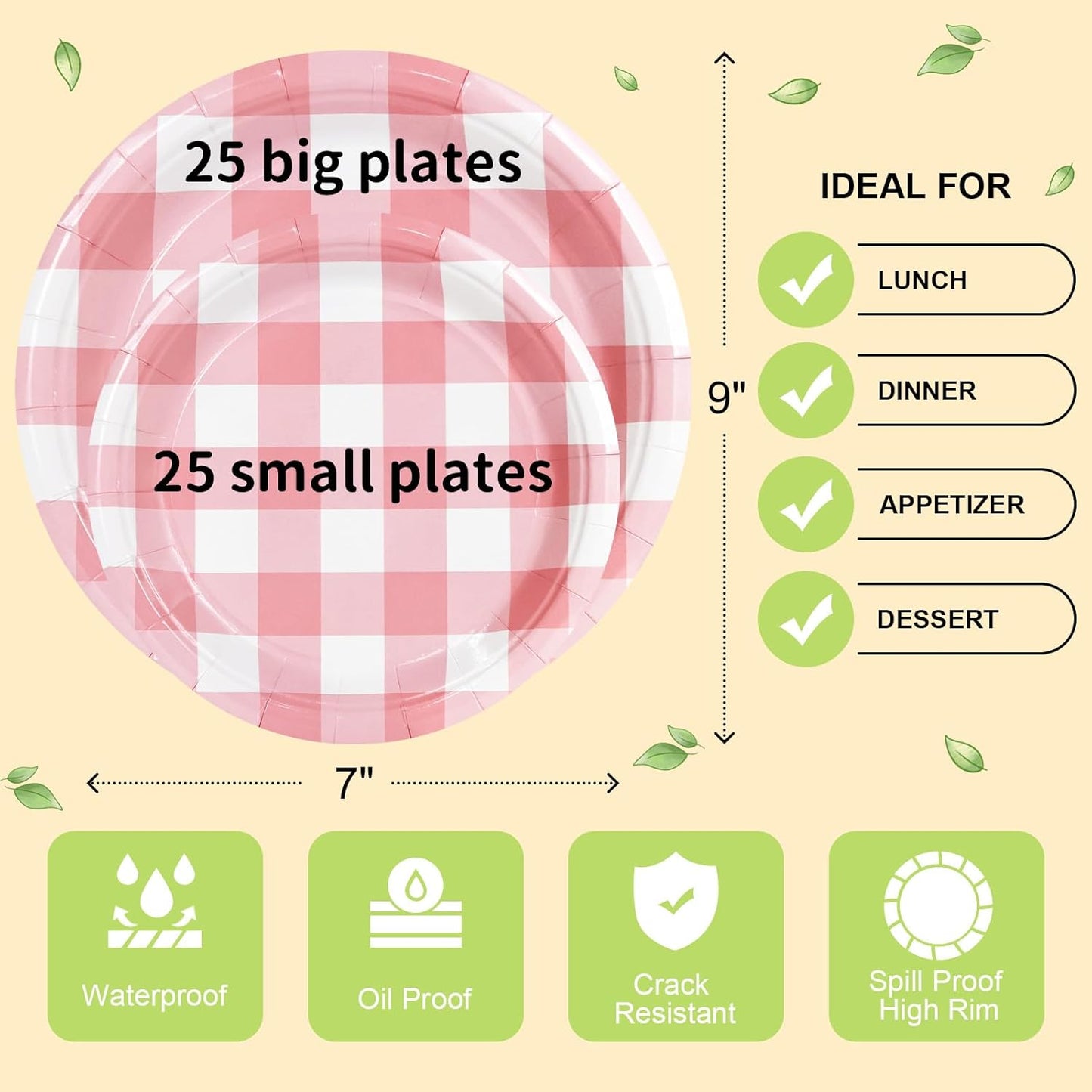 LANLISA 50 Pcs Pink Paper Plates Disposable, 25-9" & 25-7" Disposable Birthday Cake Dessert Plates For Valentines Day, Baby Shower, Easter Party, Mothers Day Party Supplies