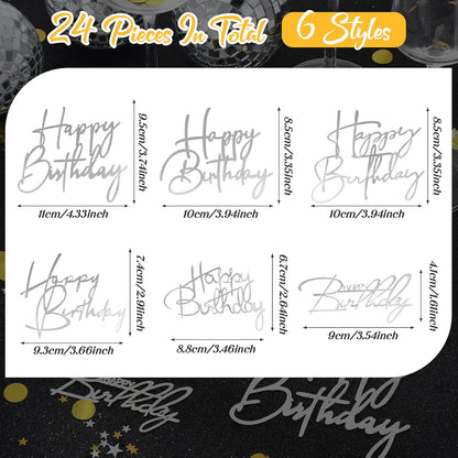 Barydat 24 Pieces Gold Happy Birthday Cake Toppers Mirror Acrylic Cupcake Topper Happy Birthday Sign for Cake Side Cupcake Decorations, 6 Styles