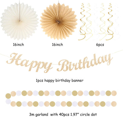 Champagne-Gold Beige Fall Boho Birthday Party-Decorations - 21pcs Autumn Neutral Retro Happy Banner,Girl One Sweet Peach Paper Streamers Lanterns,Tissue Pom Poms Fan,Rustic Backdrop Decor Huglony