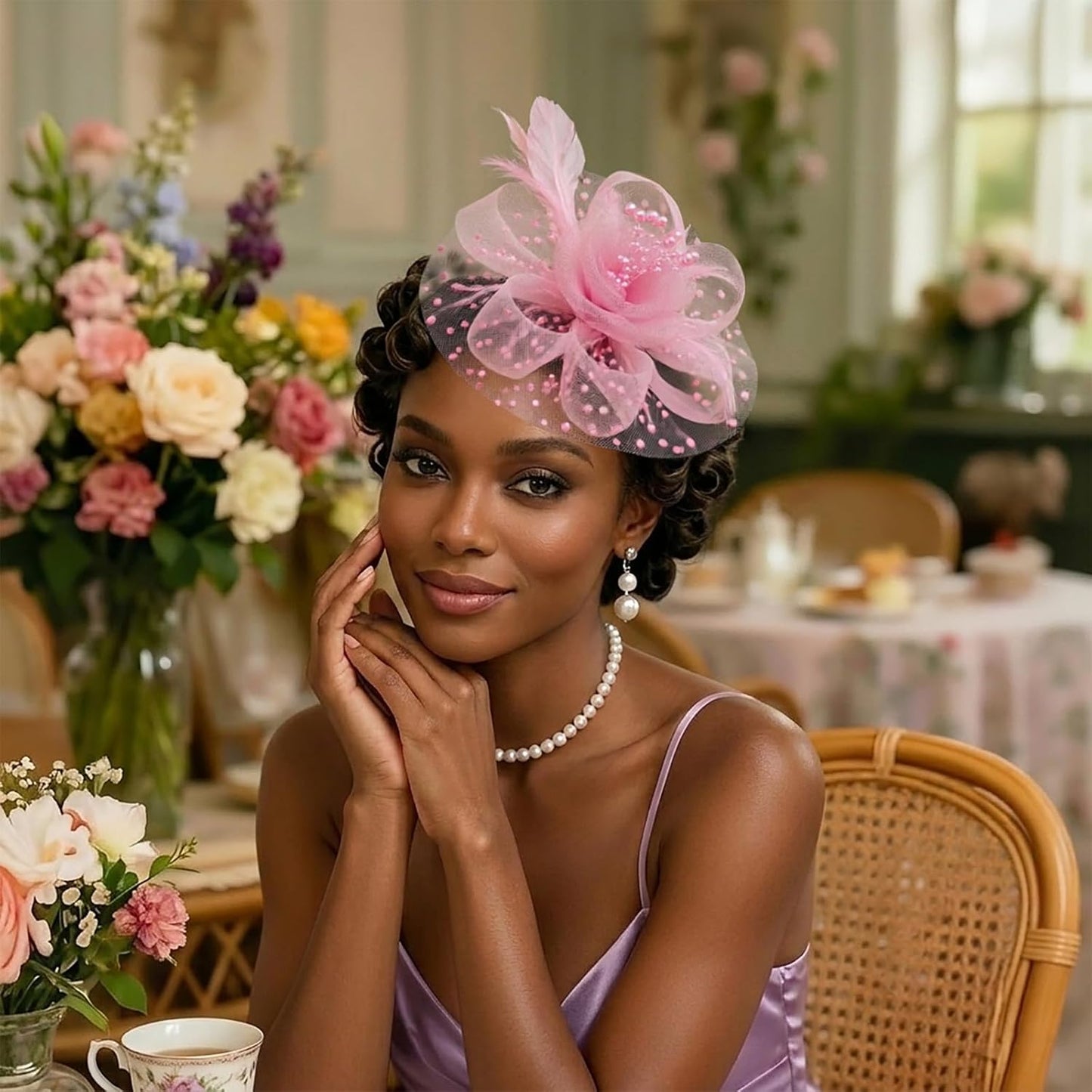 DRESHOW Fascinators Hat Flower Mesh Ribbons Feathers on a Headband and a Clip Tea Party Headwear for Girls and Women - Colors B