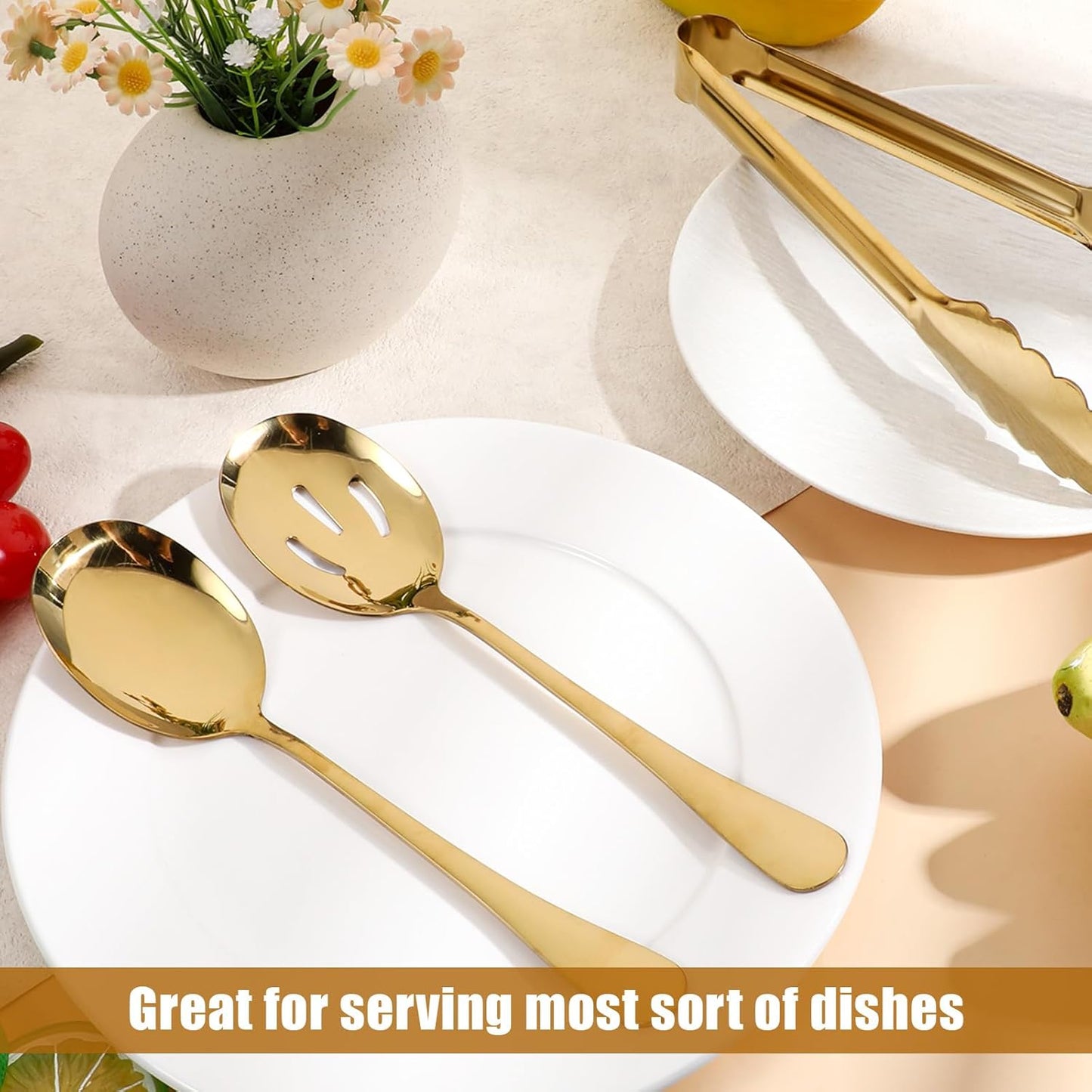 12 PCS Gold Stainless Steel Serving Utensils, Large Serving Spoons Slotted Spoons Servings Tongs Appetizer Tongs Polished Gold Servings Utensils Set for Buffet Catering Banquet Party
