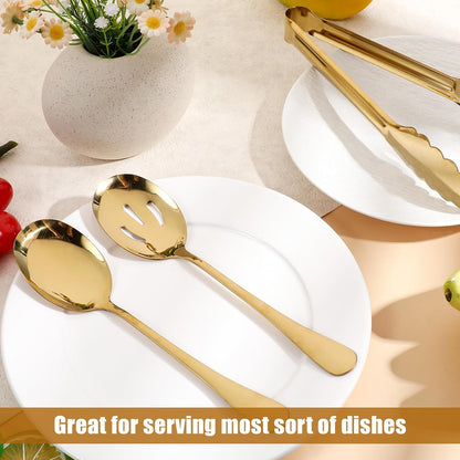 12 PCS Gold Stainless Steel Serving Utensils, Large Serving Spoons Slotted Spoons Servings Tongs Appetizer Tongs Polished Gold Servings Utensils Set for Buffet Catering Banquet Party