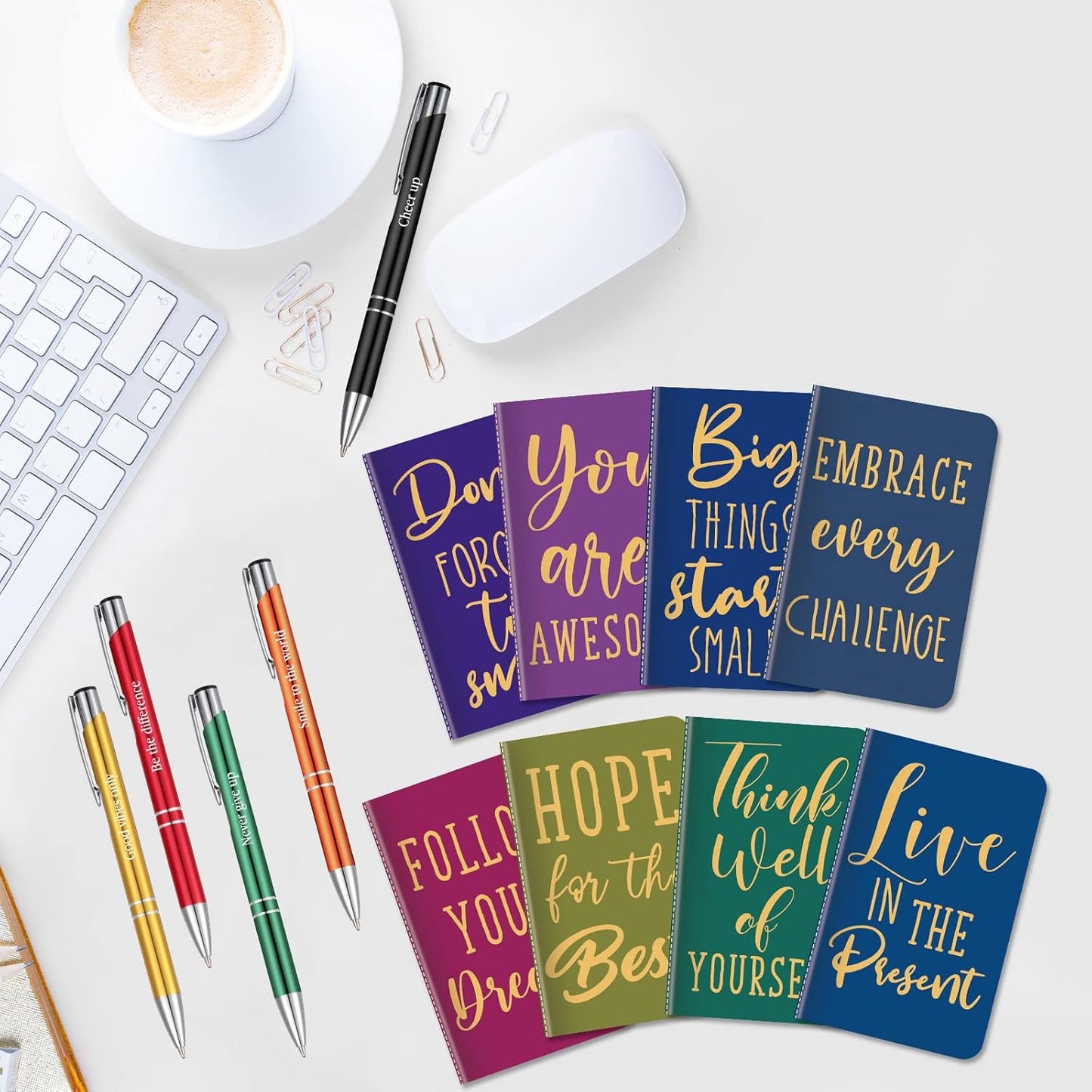 Funrous 32 Pcs Motivational Quote Pens Inspirational Notepads Mini Journal with Ballpoint Pen Small Notebooks Gift for Men Women Coworker Adult Party Favors Prize Teacher Student Office(Stylish)