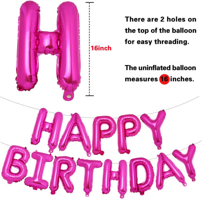PIGETALE Happy Birthday Banner, 16 Inch Mylar Foil Letters Sign Bunting Happy Birthday Balloon Letters Balloons Reusable Ecofriendly Material for Girls Boys Kids Women Men (Hot Pink)
