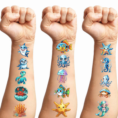 108 PCS Ocean Sea Animal Shark Whale Fish Pre-Cut Temporary Tattoos | Super Cute Themed Birthday Party Favors, Supplies, Decorations, Fake Tattoo Stickers