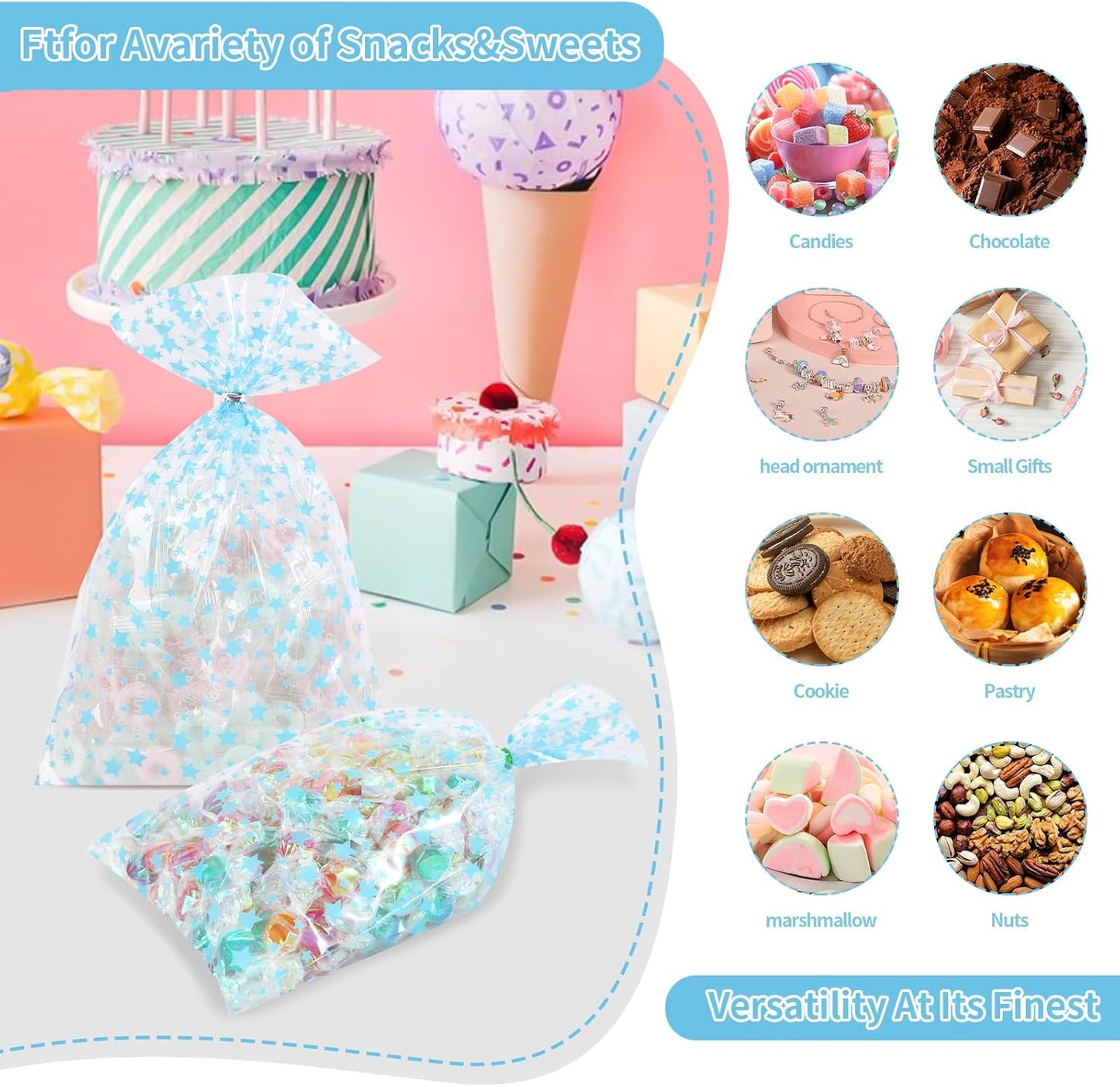 100 Pcs Star Printed 5"X 7" Gift Wrap Cello Cellophane Treat Bags Party Favor bags Clear Candy Cookie Bag Plastic Poly Goodie Storage Bag with Twist Ties for Bakery,Birthday, Wedding ,Party Decorations (Gold)