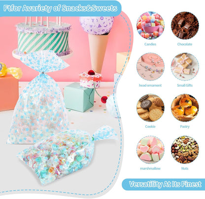 100 Pcs Star Printed 5"X 7" Gift Wrap Cello Cellophane Treat Bags Party Favor bags Clear Candy Cookie Bag Plastic Poly Goodie Storage Bag with Twist Ties for Bakery,Birthday, Wedding ,Party Decorations (Gold)