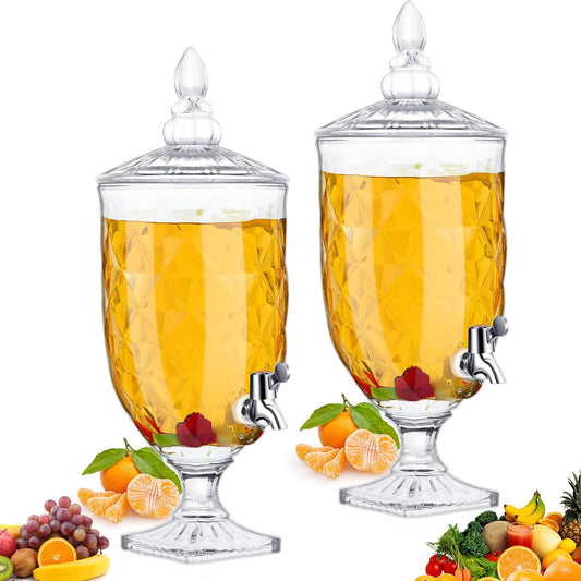 Bokon 2 Pieces Drink Dispensers for Parties Crystal Iced Beverage Dispenser with Stand and Spigot, Glass Liquid Containers Wide Mouth Beverage Server for Juice Tea Wedding (Exquisite)