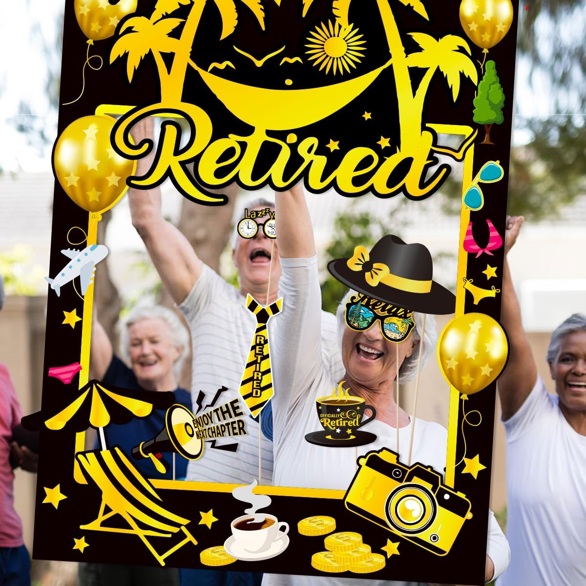 Retirement Party Photo Booth Props Kit Retirement Selfie Props Retirement Party Supplies Retirement Happy Party Decoration - 30pcs Selfie Props with Happy Retirement Frame - Black and Gold Theme