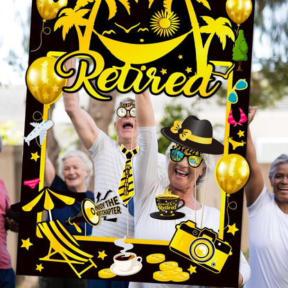 Retirement Party Photo Booth Props Kit Retirement Selfie Props Retirement Party Supplies Retirement Happy Party Decoration - 30pcs Selfie Props with Happy Retirement Frame - Black and Gold Theme