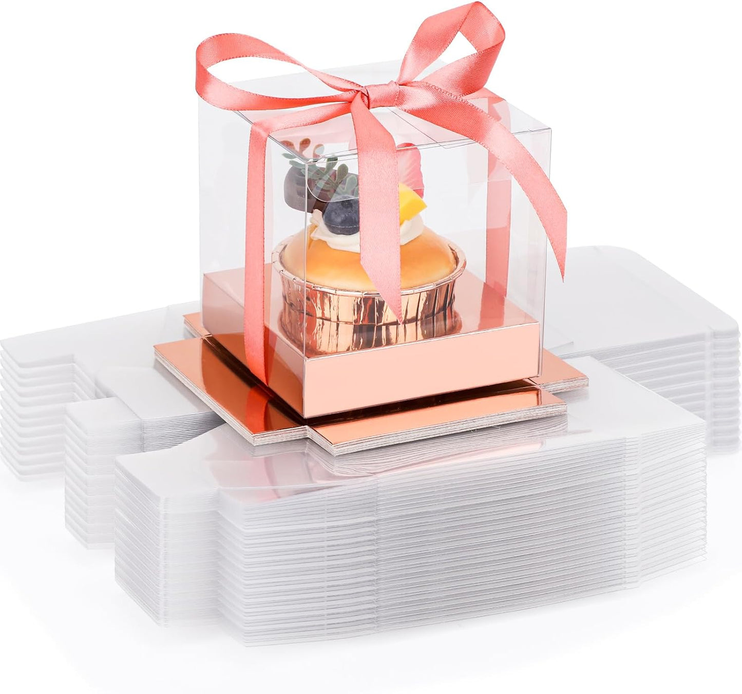 EUSOAR Individual Cupcake Holder, 50pcs 3.5 Inch Plastic Black Cupcake Containers with Lids, Single Transparent Display Clear Cupcake Carrier with Ribbon and Inserts for Wedding Party Favor
