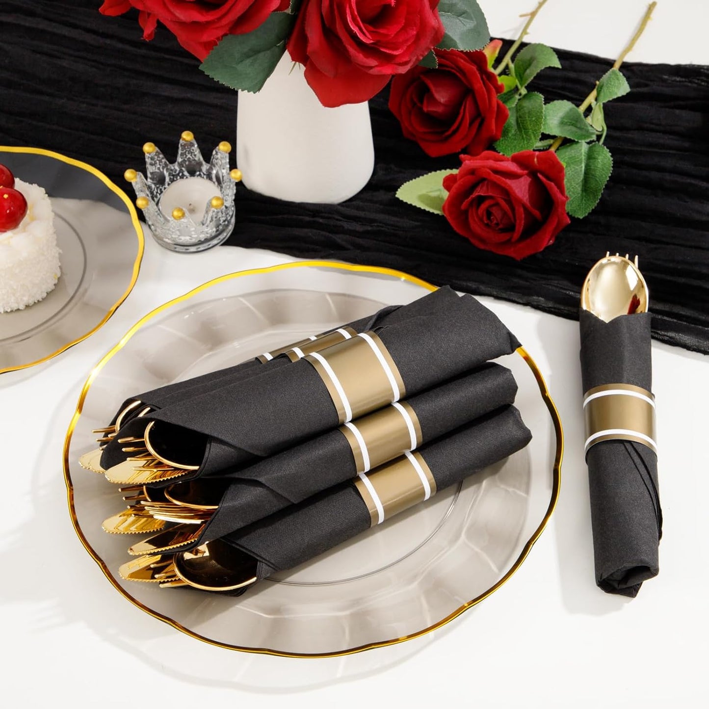 Supernal 240 Silver Plastic Silverware Set - 60 Sets Pre Rolled Napkins with Cutlery - Mirror Polished Real Look Disposable Silver Utensils- Elegant Heavy Duty Flatware for Weddings & Catering