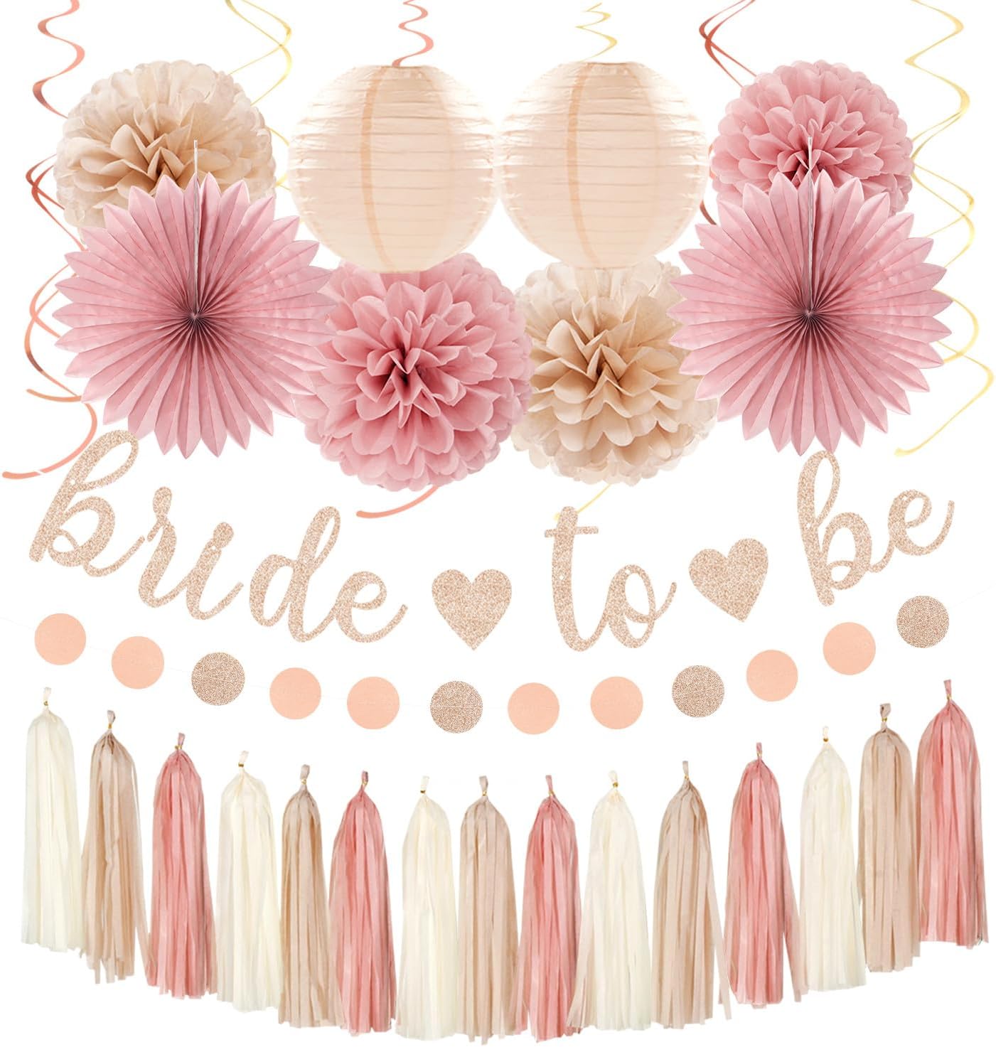Champagne-Gold Beige Fall Baby-Shower Party-Decorations - 36pcs Welcome Home Banner Sign,Neutral Paper Lanterns,Girl Streamers Garland,Boho Hanging Tissue Pom Poms Flowers Fans Backdrop Decor Burgleda