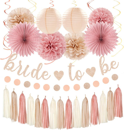 Champagne-Gold Beige Fall Baby-Shower Party-Decorations - 36pcs Welcome Home Banner Sign,Neutral Paper Lanterns,Girl Streamers Garland,Boho Hanging Tissue Pom Poms Flowers Fans Backdrop Decor Burgleda