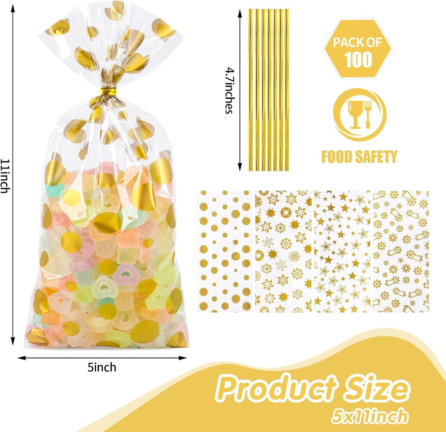 100 Pcs Star Printed 5"X 7" Gift Wrap Cello Cellophane Treat Bags Party Favor bags Clear Candy Cookie Bag Plastic Poly Goodie Storage Bag with Twist Ties for Bakery,Birthday, Wedding ,Party Decorations (Gold)