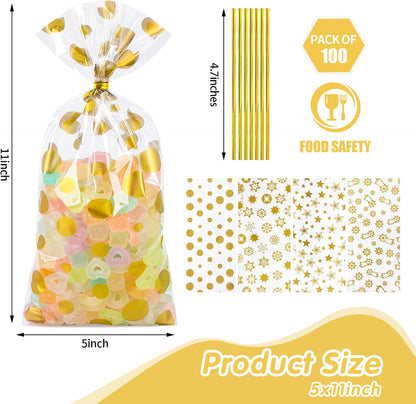 100 Pcs Star Printed 5"X 7" Gift Wrap Cello Cellophane Treat Bags Party Favor bags Clear Candy Cookie Bag Plastic Poly Goodie Storage Bag with Twist Ties for Bakery,Birthday, Wedding ,Party Decorations (Gold)