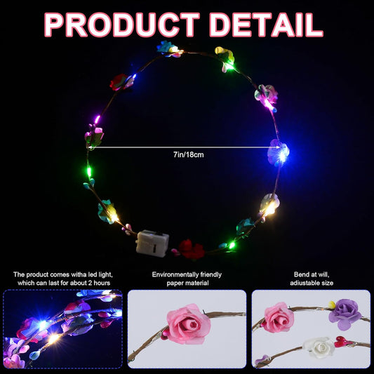 QSJQllo 20 Pcs LED Flower Crowns Headbands,Light Up Headbands For Women,Glow In The Dark Headband Wreath,Suitable For Birthdays,Weddings, Halloween, Christmas, Role-Playing, Beach Parties