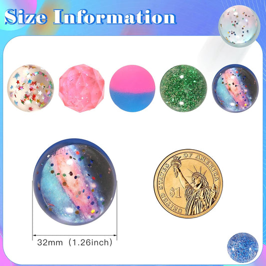 Ayfjovs 24PCS Bouncy Balls, Glitter Bouncy Balls for Kids Party Favors, 32mm 6 Colors Rubber Bounce Ball Bulk for Party Favors, Goodie Bag Fillers, Easter Bag Filling, Easter Basket Stuffers