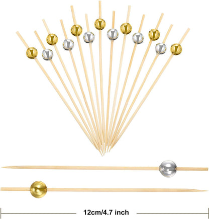 Blulu 200 Pack Cocktail Picks Fancy Toothpicks for Appetizers 4.7 Inch Pearl Cocktail Skewers for Drink Bamboo Flavored Stick Charcuterie Fruit Food Accessories Birthday Wedding Party Decor