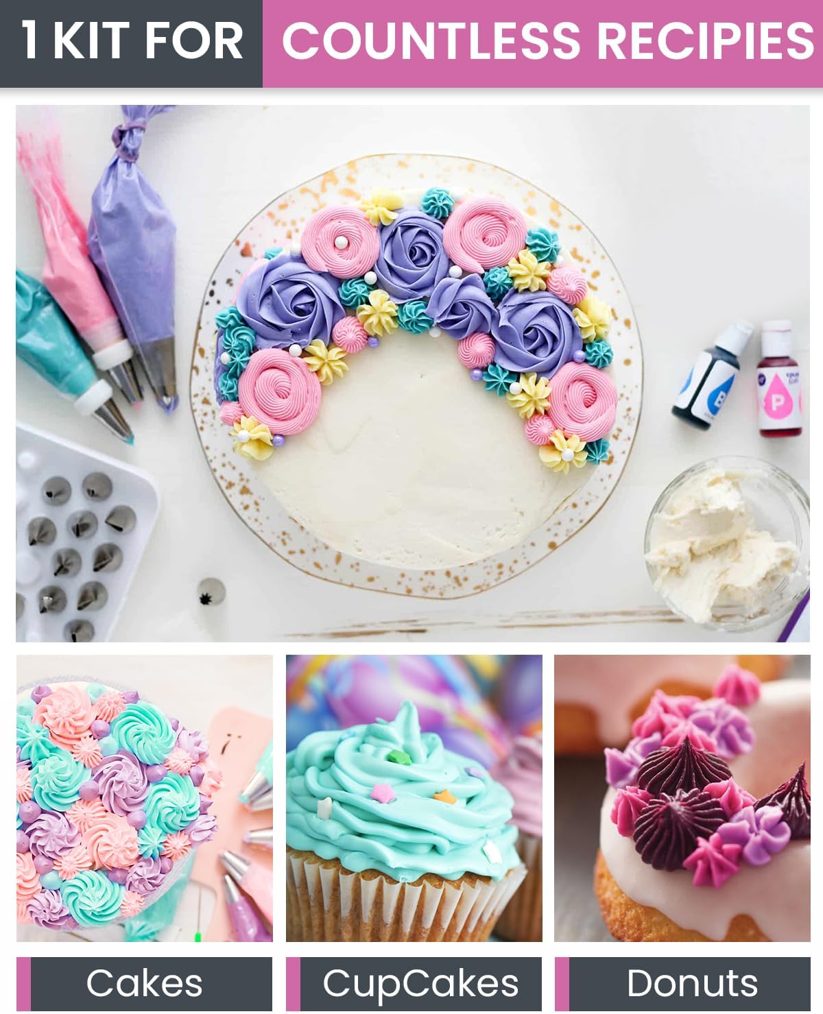 RFAQK 74 PCs Icing Piping Bags and Tips Set, Cake Decorating Kit with 48-Numbered Piping Tips, Anti Burst Pastry Bags for Cookie Cupcake Cake Decoration, Cake Decorating Tips Set with Booklet & E-book