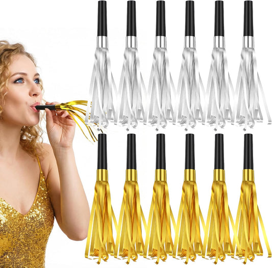 Gold Silver Noise Makers, 12Pcs Metallic Fringed Party Blower, Glitter Noise Makers Glitter Metallic Fringed Party Blower for Adults Birthday Graduation Sporting Event New Years Eve Partys Supplies