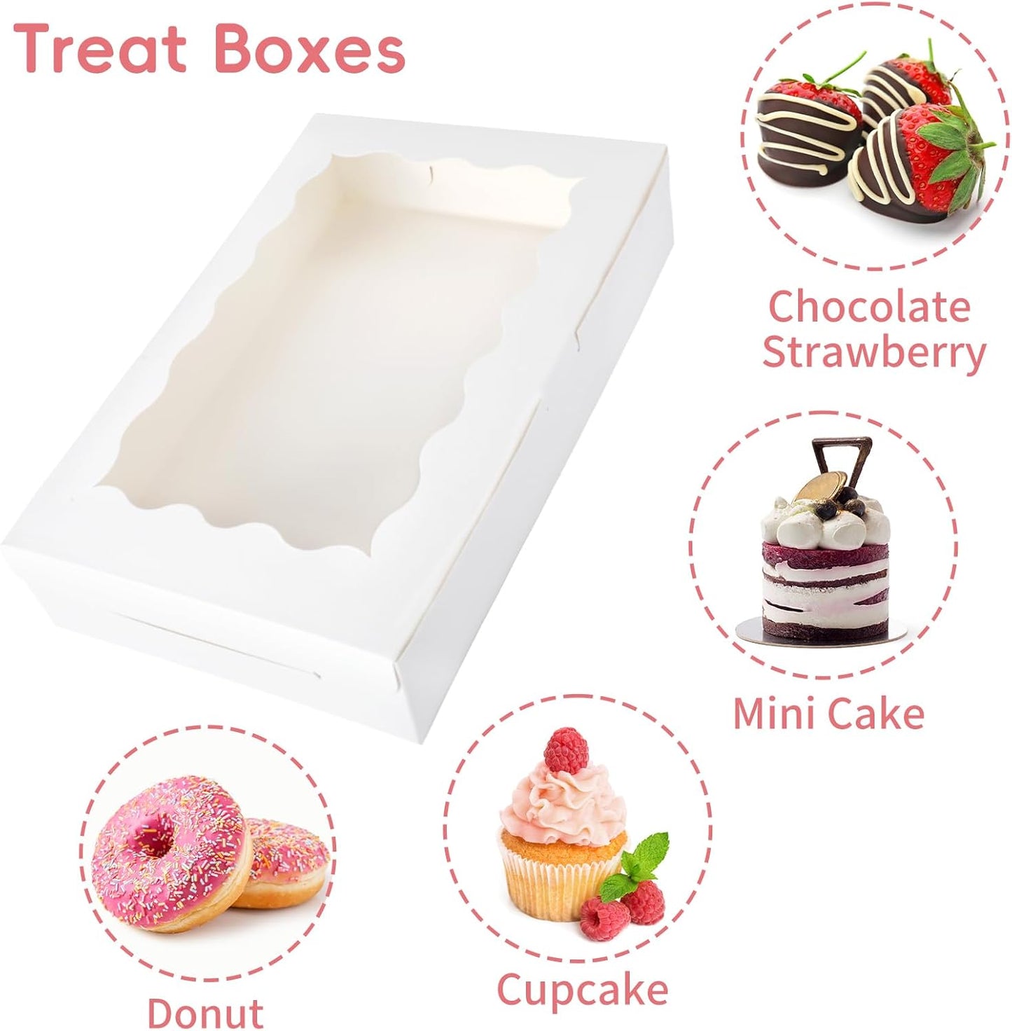 Moretoes 24pcs Bakery Boxes, 12x8x2.5 Inches,Treat Boxes with Window for Chocolate Covered Strawberries, Pastries, Cookies, Desserts, Donuts and Muffins