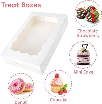 Moretoes 24pcs Bakery Boxes, 12x8x2.5 Inches,Treat Boxes with Window for Chocolate Covered Strawberries, Pastries, Cookies, Desserts, Donuts and Muffins
