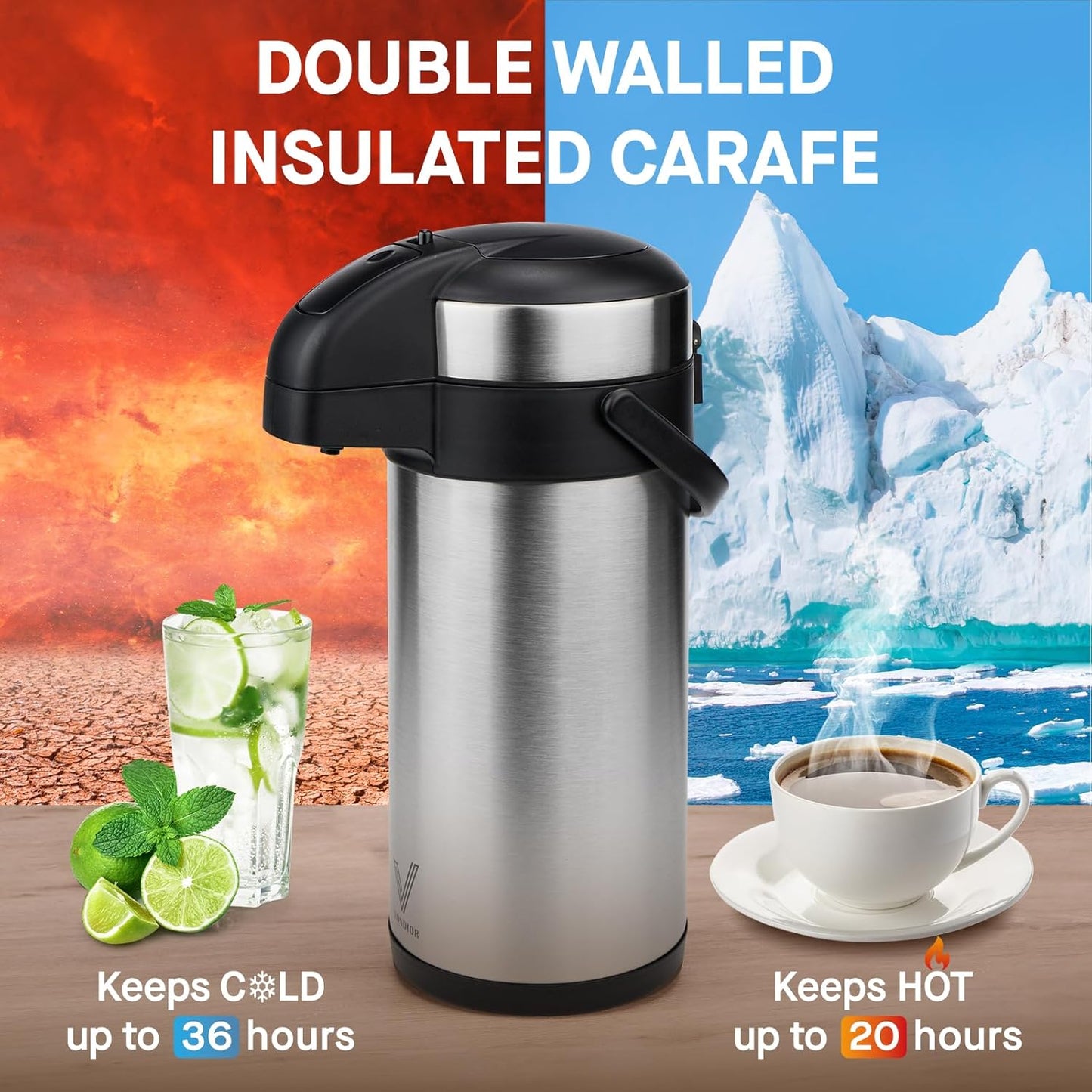 Coffee Carafe for Keeping Hot - 102oz/3L Airpot Coffee Dispenser with Pump - Insulated Stainless Steel Hot Beverage Dispenser for Parties - Thermal Carafe for Hot Drinks Water Tea Chocolate