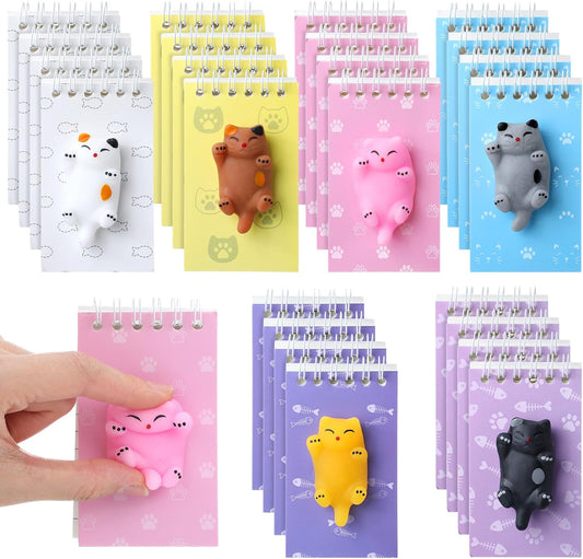 Epakh 24 Packs Mini Cute Animal Notebook Cat Party Favors Spiral Notebook with Squeeze Animal 2.4 x 3.9 Inch Pocket Journals Bulk with Squeeze Balls First Day of School Gifts(Cat)
