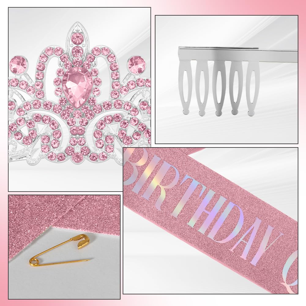 Birthday Sash for Women,Birthday Crown Tiaras for Women,Gold Rhinestone Queen Sash and Crown Tiara Headband for Party Decorations